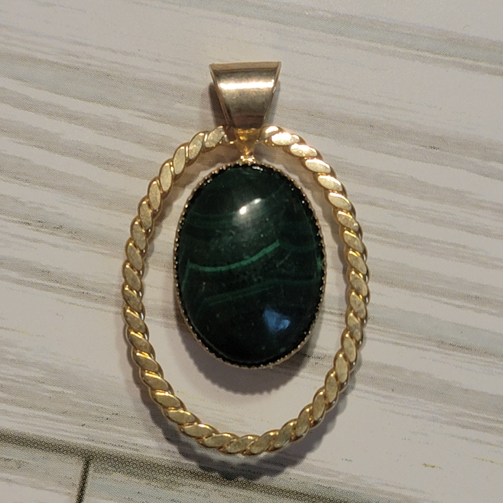 Natural Malachite Gold Tone Oval Statement Pendant Green Banded Artisan